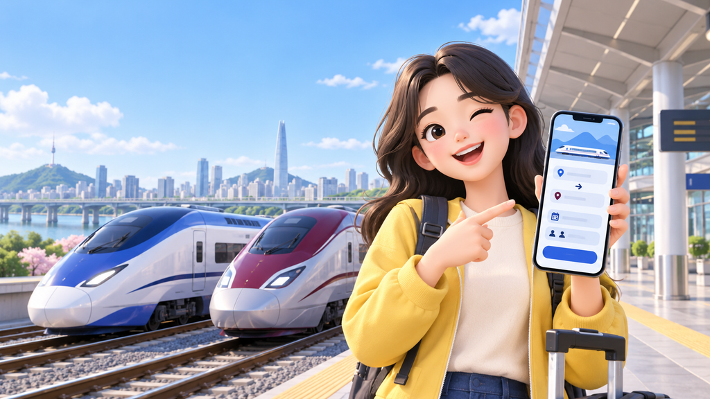 기차역 플랫폼에서 코레일 플러스(코레일+) 앱 KTX SRT 통합 예매 화면을 보여주는 여행객과 나란히 정차된 고속철도 3D 일러스트