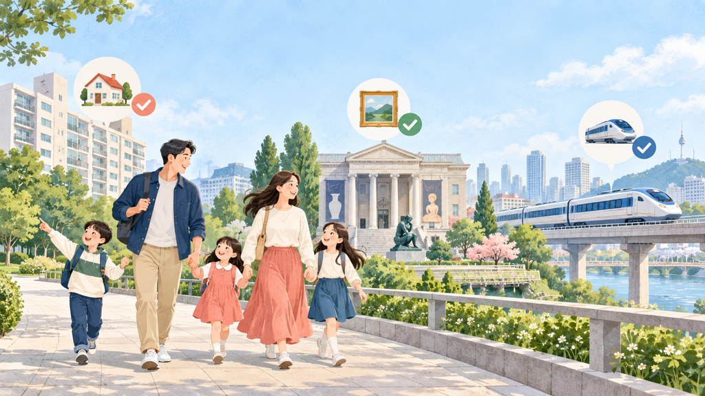 주거 특별공급, 박물관 등 문화시설 할인, KTX 철도 요금 할인 아이콘이 배경에 떠 있는 5인 다자녀 가족 산책 일러스트